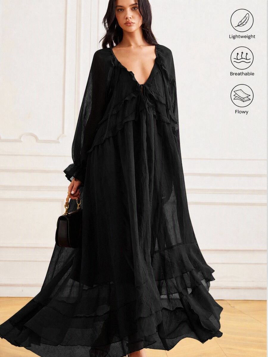 BELROSIE Elegant Black Summer Boho Long Sleeve Sheer Frill Trim Chiffon Dress,French Style Layered Ruffle Hem Flowing Goddess Dress For Women Vacation - Black - View 1