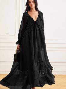 BELROSIE Elegant Black Summer Boho Long Sleeve Sheer Frill Trim Chiffon Dress,French Style Layered Ruffle Hem Flowing Goddess Dress For Women Vacation - Black - View 8