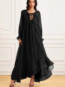 BELROSIE Elegant Black Summer Boho Long Sleeve Sheer Frill Trim Chiffon Dress,French Style Layered Ruffle Hem Flowing Goddess Dress For Women Vacation - Black - View 3