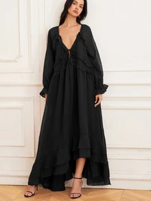 BELROSIE Elegant Black Summer Boho Long Sleeve Sheer Frill Trim Chiffon Dress,French Style Layered Ruffle Hem Flowing Goddess Dress For Women Vacation - Black - View 4