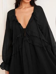 BELROSIE Elegant Black Summer Boho Long Sleeve Sheer Frill Trim Chiffon Dress,French Style Layered Ruffle Hem Flowing Goddess Dress For Women Vacation - Black - View 5