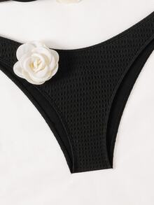 SHEIN Swim Women's Summer Beach Bikini Set With 3D Flower Decoration And Sexy Halter Neckline - Black - View 5