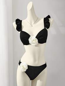 SHEIN Swim Women's Summer Beach Bikini Set With 3D Flower Decoration And Sexy Halter Neckline - Black - View 1