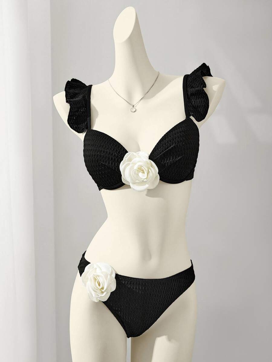 SHEIN Swim Women's Summer Beach Bikini Set With 3D Flower Decoration And Sexy Halter Neckline - Black - View 1