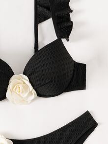 SHEIN Swim Women's Summer Beach Bikini Set With 3D Flower Decoration And Sexy Halter Neckline - Black - View 6