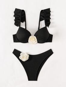 SHEIN Swim Women's Summer Beach Bikini Set With 3D Flower Decoration And Sexy Halter Neckline - Black - View 4