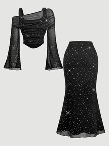 SHEIN MOD 花卉印花T恤與修身長裙優雅女款兩件套 - 黑色 - 查看 5