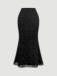 SHEIN MOD 花卉印花T恤與修身長裙優雅女款兩件套 - 黑色 - 查看 9