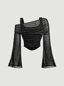 SHEIN MOD 花卉印花T恤與修身長裙優雅女款兩件套 - 黑色 - 查看 11