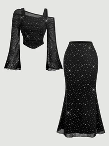 SHEIN MOD 花卉印花T恤與修身長裙優雅女款兩件套 - 黑色 - 查看 3
