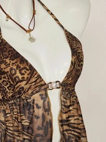 SHEIN ICON 复古豹纹露背吊带背心，下摆开衩 - 棕色 - 查看 6