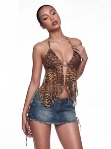 SHEIN ICON 复古豹纹露背吊带背心，下摆开衩 - 棕色 - 查看 11