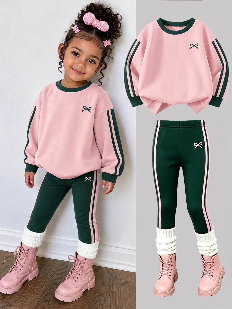 Young Girl Striped Colorblock Crew Neck Sweatshirt And Casual Pants Set - Pink - View 1