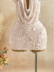Soleia 2pcs/Set Fitted Shiny Fringe Sequin Halter Top And Mini Skirt Set,Pink Sequin,Summer,70s Retro,Party,Suitable For Music Festivals,Christmas,Halloween - Apricot - View 4