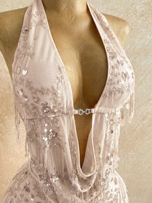 Soleia 2pcs/Set Fitted Shiny Fringe Sequin Halter Top And Mini Skirt Set,Pink Sequin,Summer,70s Retro,Party,Suitable For Music Festivals,Christmas,Halloween - Apricot - View 5