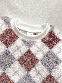 SHEIN Vintaside Kids 2pcs/Set Boys British Style Geometric Rhombus Pattern Plush Sweatshirt & Pants Set, Soft Skin-Friendly Autumn/Winter Outfit - Apricot - View 7