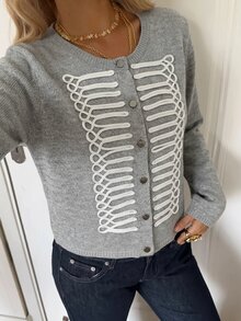 Muchica 女款圓領單排扣休閒百搭日常長袖開襟衫，秋季女款節慶新年款 - 灰色 - 查看 7