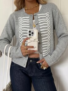 Muchica 女款圓領單排扣休閒百搭日常長袖開襟衫，秋季女款節慶新年款 - 灰色 - 查看 4