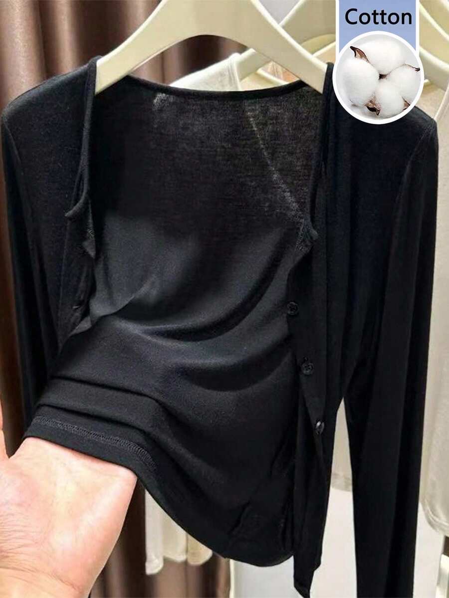 INAWLY Cardigan de unicolor casual y versátil para uso diario y salidas para mujer - Negro - Ver 1