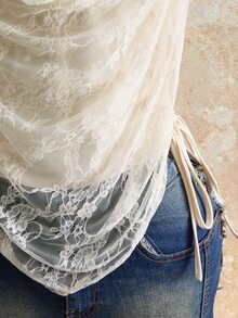 Mistrie Spring Summer Casual All-Match Halter Lace-Splice Stylish Sexy Women's T-Shirt - Apricot - View 7