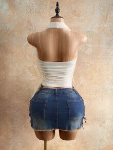 Mistrie Spring Summer Casual All-Match Halter Lace-Splice Stylish Sexy Women's T-Shirt - Apricot - View 9