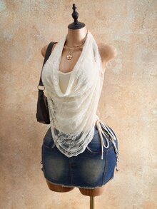 Mistrie Spring Summer Casual All-Match Halter Lace-Splice Stylish Sexy Women's T-Shirt - Apricot - View 2