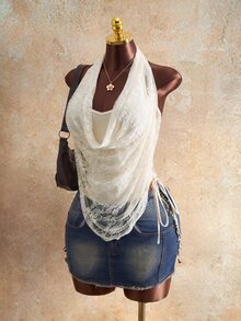 Mistrie Spring Summer Casual All-Match Halter Lace-Splice Stylish Sexy Women's T-Shirt - Apricot - View 1