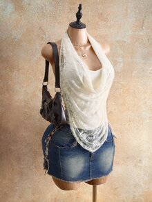 Mistrie Spring Summer Casual All-Match Halter Lace-Splice Stylish Sexy Women's T-Shirt - Apricot - View 6