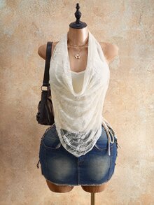 Mistrie Spring Summer Casual All-Match Halter Lace-Splice Stylish Sexy Women's T-Shirt - Apricot - View 8