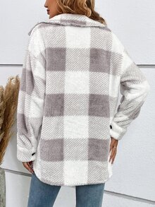 SHEIN LUNE Buffalo Plaid Print Drop Shoulder Flap Pocket Fuzzy Coat In Fall/Winter - Light Grey - View 2