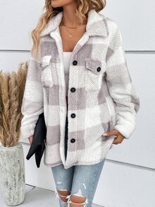 SHEIN LUNE Buffalo Plaid Print Drop Shoulder Flap Pocket Fuzzy Coat In Fall/Winter - Light Grey - View 4