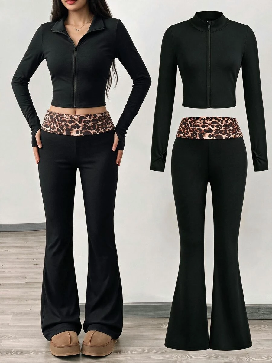 Kids Tween Girl New Autumn/Winter Casual Daily Knit Solid Black Cardigan Jacket With Leopard Print Back To School Fall Clothes - Black - View 1