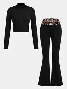 Kids Tween Girl New Autumn/Winter Casual Daily Knit Solid Black Cardigan Jacket With Leopard Print Back To School Fall Clothes - Black - View 3