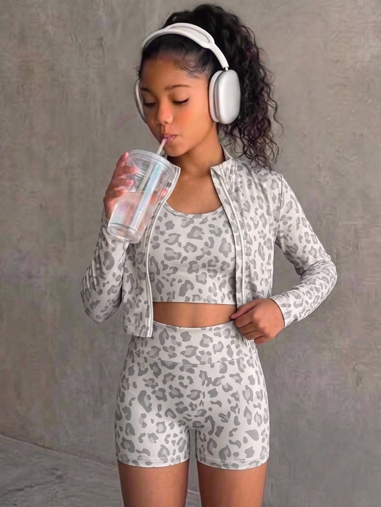 SHEIN Kids Tween Girl Light Grey Leopard Print Long Sleeve Mock Neck Jacket Camisole, Shorts 3pcs Set Sporty Outfit Active Wear, Street Wear - Light Grey - View 1