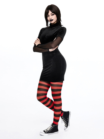 Anime Halloween Cosplay Costume Velvet Contrast Color Mesh Sleeve Bodycon Elastic Mini Dress For Women, Autumn/Winter