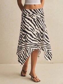 Poéselle 女款斑馬紋手帕下擺裙－高腰波希米亞風不對稱海灘裙，夏季穿搭 Y2K 荷葉邊裙 秋季服飾 Y2K - 杏色 - 查看 3