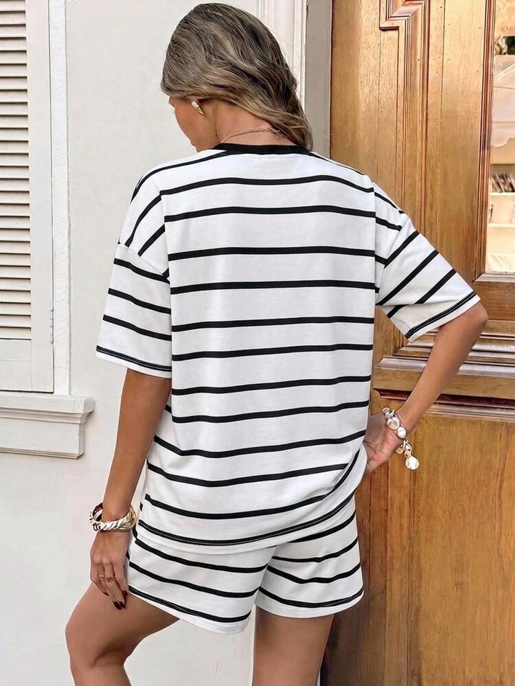 SHEIN LUNE Women's Round Neck Drop Shoulder Top And Drawstring Shorts Casual Coastal Chic 2 Pieces Set Summer Outfit Beach Black And White Striped Checkered - Multicolor - View 3