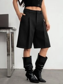SHEIN PETITE 女款時尚口袋百褶西裝短褲 黑色 夏季休閒商務辦公通勤 - 黑色 - 查看 7