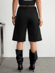 SHEIN PETITE 女款時尚口袋百褶西裝短褲 黑色 夏季休閒商務辦公通勤 - 黑色 - 查看 2