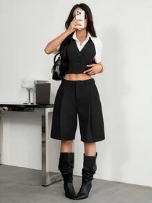 SHEIN PETITE 女款時尚口袋百褶西裝短褲 黑色 夏季休閒商務辦公通勤 - 黑色 - 查看 6