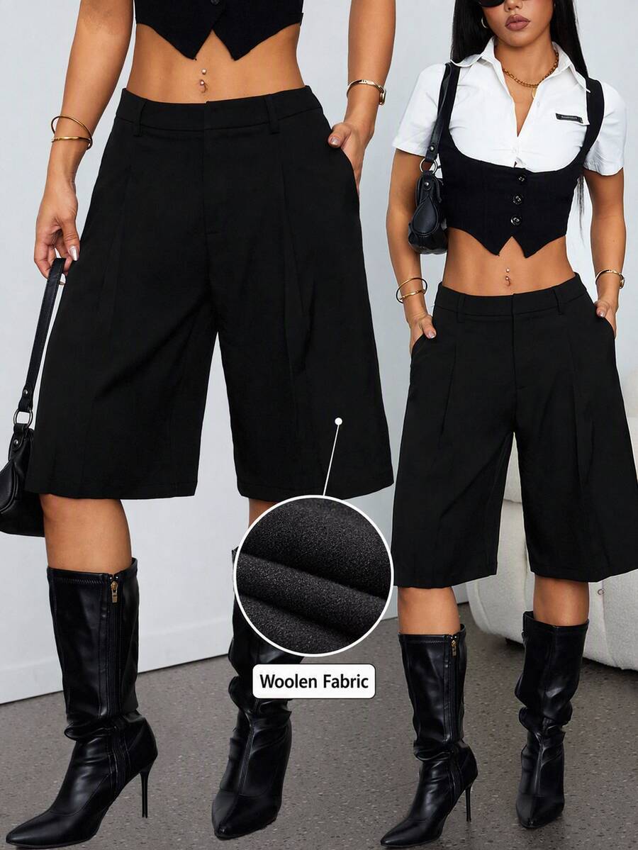 SHEIN PETITE 女款時尚口袋百褶西裝短褲 黑色 夏季休閒商務辦公通勤 - 黑色 - 查看 1