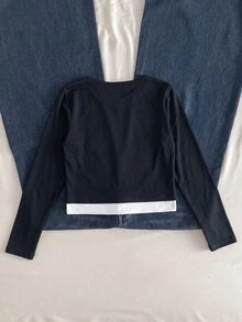 少女秋季韓風 2 合 1 蕾絲拼接長袖 T 恤，假日穿搭，休閒舒適 - 黑色 - 查看 6