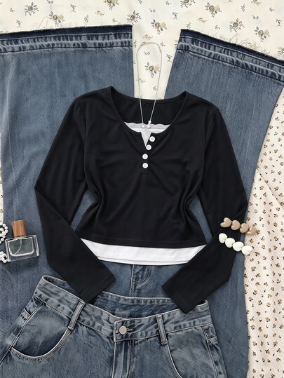 Tween Girl Korean Style 2 In 1 Lace Patchwork Long Sleeve T-Shirt