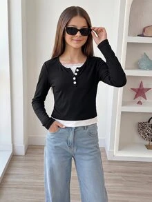 少女秋季韓風 2 合 1 蕾絲拼接長袖 T 恤，假日穿搭，休閒舒適 - 黑色 - 查看 3