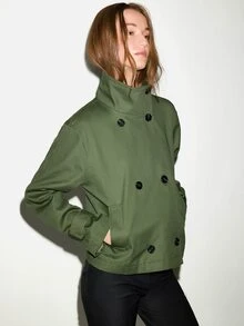 MOTF PREMIUM URBAN CHIC, 100% COTTON MILITARY STYLE STAND COLLAR SHORT TRENCH COAT, FALL WINTER - Army Green - View 2