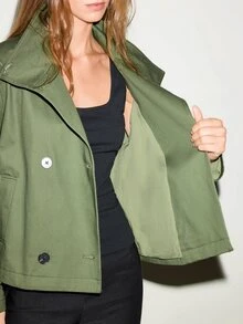 MOTF PREMIUM URBAN CHIC, 100% COTTON MILITARY STYLE STAND COLLAR SHORT TRENCH COAT, FALL WINTER - Army Green - View 11
