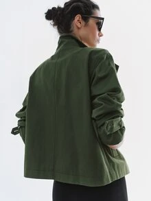 MOTF PREMIUM URBAN CHIC, 100% COTTON MILITARY STYLE STAND COLLAR SHORT TRENCH COAT, FALL WINTER - Army Green - View 7