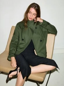 MOTF PREMIUM URBAN CHIC, 100% COTTON MILITARY STYLE STAND COLLAR SHORT TRENCH COAT, FALL WINTER - Army Green - View 4