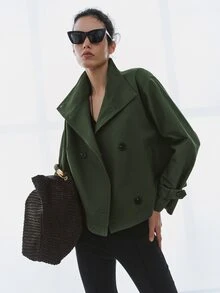 MOTF PREMIUM URBAN CHIC, 100% COTTON MILITARY STYLE STAND COLLAR SHORT TRENCH COAT, FALL WINTER - Army Green - View 10