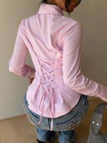 SHEIN EZwear 灰粉色條紋梭織女款襯衫 辦公室秋季優雅風 - 粉色 - 查看 3